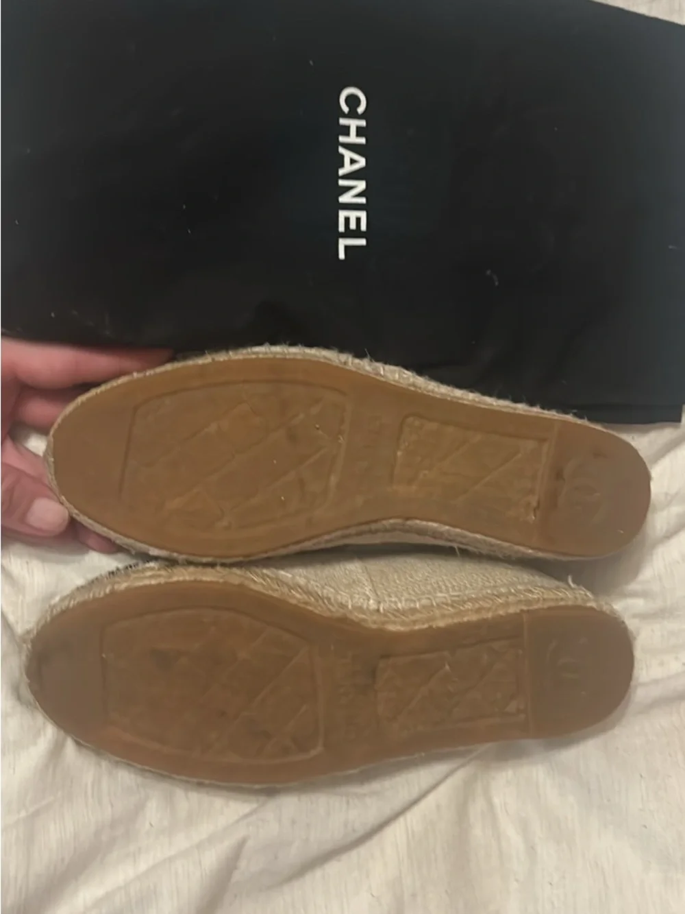 CHANEL Beige Sequin CC Espadrilles with Black Tweed Toe